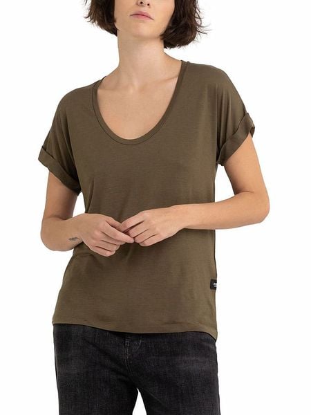 Replay Koszulka w kolorze khaki rozmiar: M. Brązowe bluzki Replay, m, bez wzorów, z lyocellu, bez kołnierzyka, bez ramiączek. Za 144.95 zł.