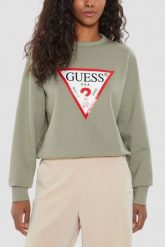 GUESS Zielona bluza damska z dużym logo Original Fleece. Zielone bluzy Guess, s, z aplikacjami, bez kaptura. W wyprzedaży za 279.99 zł.