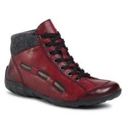 RIEKER L6543-35A Bordowy. Czerwone botki Rieker, bez wzorów, ze skóry ekologicznej, bez obcasa, bez zapięcia. Za 279.99 zł.