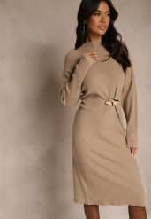 Beżowa Sukienka Sweterkowa z Wiskozą Ozdobiona Metaliczną Broszką Titavea. Brązowe sukienki Renee, na co dzień, bez wzorów, z wiskozy, bez kołnierzyka, bez ramiączek, midi, proste. Za 129.99 zł.
