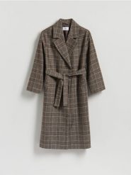 Wiązany płaszcz w kratę - wielobarwny. Płaszcze Reserved, l, bez wzorów, z tkaniny, bez kaptura. Za 359.99 zł.