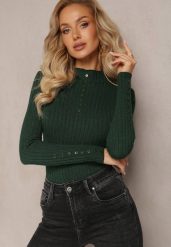 Ciemnozielony Sweter z Golfem w Prążki Ozdobiony Guzikami Panve. Zielone golfy Renee, z aplikacjami, z dzianiny, bez ramiączek. Za 39.99 zł.