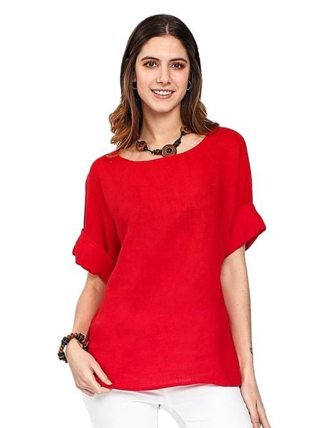 Le Jardin du Lin Lniana koszulka w kolorze czerwonym rozmiar: 38. Czerwone bluzki Le jardin du lin, bez wzorów, klasyczne, bez kołnierzyka, bez ramiączek. Za 83.03 zł.