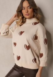 Jasnobeżowy Sweter z Wiskozą i Modalem Ozdobiony Sercami Zeanisia. Brązowe swetry Renee, m, bez wzorów, z jeansu, bez ramiączek. Za 99.99 zł.