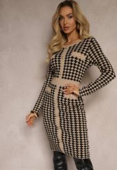 Beżowo-Czarna Sweterkowa Sukienka z Wiskozą w Pipetkę w Eleganckim Stylu Delassea. Brązowe sukienki Renee, na jesień, m, bez wzorów, z dzianiny, eleganckie, bez kołnierzyka, bez ramiączek. Za 94.99 zł.