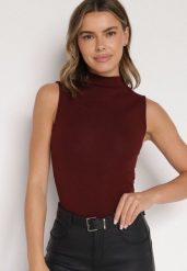 Bordowy Bawełniany Top o Dopasowanym Kroju z Półgolfem Unarisa. Czerwone topy Born2be, m, bez wzorów, z bawełny, bez kołnierzyka, bez ramiączek. Za 59.99 zł.