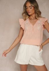 Różowa Bluzka z Bawełny z Haftowanymi Zdobieniami i Falbanką Talanea. Czerwone bluzki Renee, l, z aplikacjami, z bawełny, boho, bez kołnierzyka, bez ramiączek. W wyprzedaży za 69.99 zł.