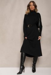 Czarna Pudełkowa Sukienka Sweterkowa z Wiskozą i Golfem Rinnine. Czarne sukienki Renee, na co dzień, bez wzorów, z wiskozy, eleganckie, bez kołnierzyka, bez ramiączek, maxi. Za 99.99 zł.