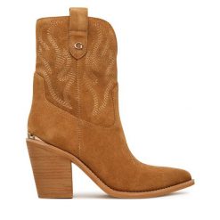 Kowbojki Guess. Brązowe botki Guess, z aplikacjami, bez obcasa, na słupku, bez zapięcia. Za 959.99 zł.