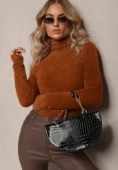Brązowy Dopasowany Golf z Wełną i Ściągaczami Pacienche. Brązowe golfy Renee, l, bez wzorów, z wełny, bez ramiączek. Za 49.99 zł.