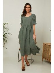 Joséfine Lniana sukienka "Gustav" w kolorze oliwkowym rozmiar: XL. Brązowe sukienki Joséfine, xl, bez wzorów, ze lnu, bez kołnierzyka, bez ramiączek, midi, rozkloszowane. Za 195.99 zł.