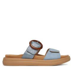Klapki Remonte. Niebieskie klapki Remonte, bez wzorów, bez obcasa. Za 271.99 zł.