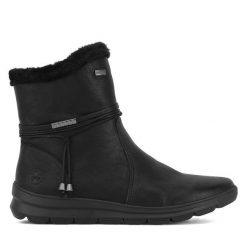 Botki Rieker. Czarne botki Rieker, bez wzorów, bez obcasa, na płaskiej podeszwie, bez zapięcia. Za 265.99 zł.