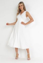 Biała Sukienka Midi Bez Rękawów z Plisowanym Dołem Dreana. Białe sukienki Born2be, na imprezę, l, bez wzorów, eleganckie, bez kołnierzyka, bez ramiączek, midi, plisowane. Za 169.99 zł.