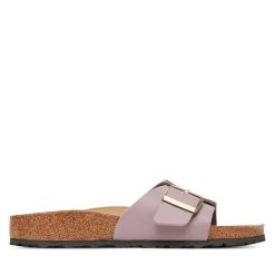 Klapki Birkenstock. Fioletowe klapki Birkenstock, bez wzorów, bez obcasa. Za 379.99 zł.