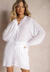 Biały Komplet 2-Częściowy Koszula z Kołnierzykiem Szorty Umidia. Białe koszule Renee, uniwersalny, bez wzorów, z bawełny, eleganckie, bez kołnierzyka, bez ramiączek. Za 119.99 zł.
