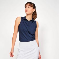 Koszulka polo do golfa bez rękawów damska Inesis WW500. Niebieskie koszulki polo INESIS, m, bez wzorów, z dżerseju, bez kołnierzyka, bez ramiączek. Za 79.99 zł.