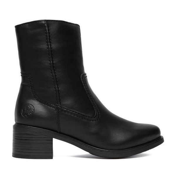 Botki Rieker. Czarne botki Rieker, bez wzorów, bez obcasa, na słupku, bez zapięcia. Za 379.99 zł.