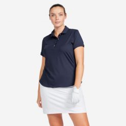 Koszulka polo do golfa damska z krótkim rękawem Inesis WW500. Niebieskie bluzki INESIS, m, bez wzorów, z dżerseju, bez kołnierzyka, bez ramiączek. Za 89.99 zł.