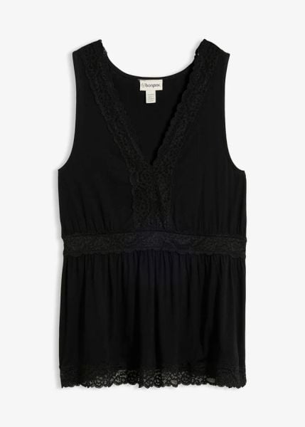 Top z koronką. Czarne topy bonprix, bez wzorów, z koronki, bez kołnierzyka, bez ramiączek. Za 37.99 zł.