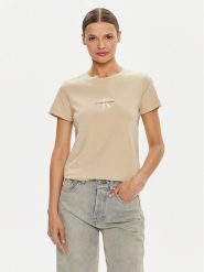 Calvin Klein Jeans T-Shirt Monologo J20J223563 Beżowy Slim Fit. Brązowe t-shirty Calvin Klein Jeans, xs, bez wzorów, z bawełny, bez kołnierzyka, bez ramiączek. Za 149.99 zł.