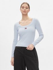 Tommy Jeans Bluzka Tjw Slim Badge Rib Tee Ls DW0DW17397 Błękitny Slim Fit. Niebieskie bluzki Tommy Jeans, xxs, bez wzorów, z bawełny, bez kołnierzyka, bez ramiączek. Za 139.99 zł.