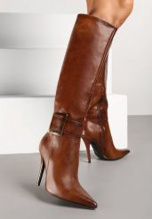 Brązowe Kozaki na Szpilce z Metaliczną Klamrą Evelinna. Brązowe kozaki Renee, bez obcasa, na obcasie, bez zapięcia. Za 179.99 zł.