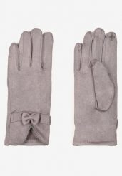 Jasnoszare Rękawiczki Dzianinowe z Bawełną Ozdobione Kokardą Tessemi. Szare rękawiczki Renee, bez wzorów, z bawełny, eleganckie. Za 19.99 zł.