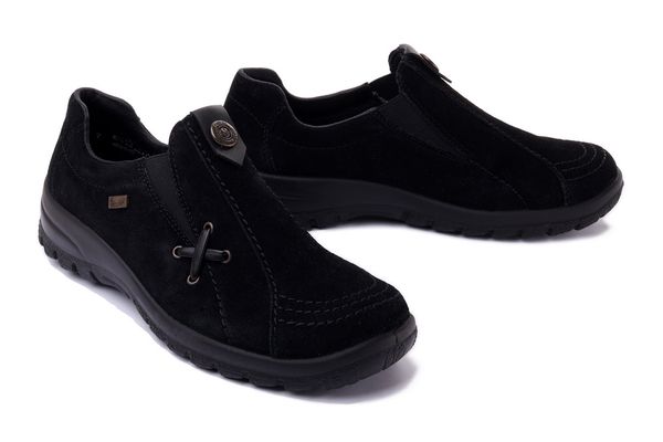 RIEKER L7171-00 black, półbuty/mokasyny damskie. Czarne mokasyny Rieker, bez wzorów, bez obcasa. Za 379.90 zł.