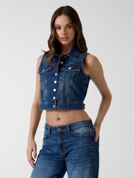 Guess Top 183438 Niebieski Classic Fit. Niebieskie topy Guess, xl, z aplikacjami, bez kołnierzyka, bez ramiączek. Za 614.99 zł.
