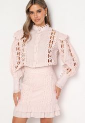 Różowy Ażurowy Komplet z Dodatkiem Bawełny Koszula z Perełkowymi Guzikami i Spódnica Leniyana. Czerwone koszule Born2be, m, w ażurowe wzory, z bawełny, eleganckie, bez kołnierzyka, bez ramiączek. Za 109.99 zł.