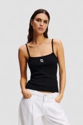 KARL LAGERFELD Сzarny damski top Ikon Patch Tank Top. Czarne topy KARL LAGERFELD, s, bez wzorów, bez kołnierzyka, bez ramiączek. W wyprzedaży za 239.99 zł.