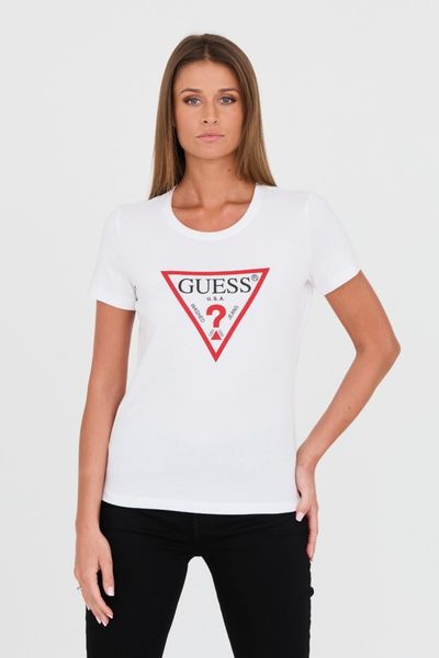 GUESS Biały damski t-shirt bawełniany Original Tee, Rozmiar L. Białe t-shirty Guess, l, z aplikacjami, z bawełny, bez kołnierzyka, bez ramiączek. W wyprzedaży za 72.99 zł.