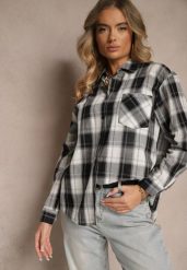 Czarno-Biała Bawełniana Koszula w Kratę z Pojedynczą Kieszonką Annisen. Czarne koszule Renee, l, bez wzorów, z bawełny, eleganckie, bez kołnierzyka, bez ramiączek. Za 49.99 zł.