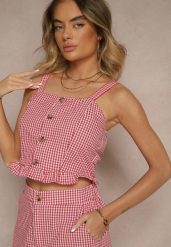Czerwona Bluzka Top w Kratę z Guzikami i Falbanką Falionna. Czerwone bluzki Renee, l, bez wzorów, z jeansu, bez kołnierzyka, bez ramiączek. Za 39.99 zł.