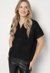 Czarny Sweter z Wełną z Krótkim Rękawem i Kołnierzykiem Tevalina. Czarne swetry Born2be, uniwersalny, bez wzorów, z jeansu, bez ramiączek. Za 129.99 zł.