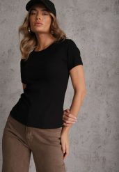 Czarny Bawełniany T-shirt o Dopasowanym Kroju z Prążkowanego Materiału Lailya. Czarne t-shirty Renee, m, bez wzorów, z bawełny, bez kołnierzyka, bez ramiączek. Za 39.99 zł.