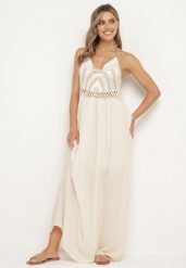 Jasnobeżowa Sukienka na Cienkich Ramiączkach z Plecioną Górą o Rozkloszowanym Kroju Wbeviana. Brązowe sukienki Born2be, na co dzień, bez wzorów, bez kołnierzyka, bez ramiączek, maxi, proste. Za 129.99 zł.