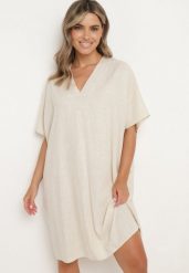 Beżowa Bawełniana Sukienka o Pudełkowym Kroju z Dekoltem w Serek Vikonia. Brązowe sukienki Born2be, na co dzień, plus size, bez wzorów, z bawełny, eleganckie, bez kołnierzyka, plus size, bez ramiączek, midi. Za 79.99 zł.