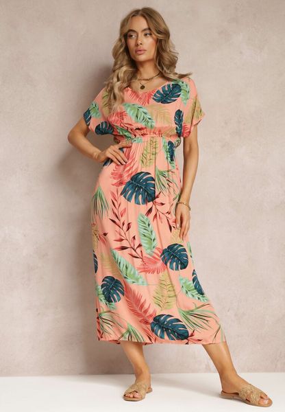 Różowa Sukienka z Wiskozy w Kwiaty i Gumką w Pasie Timnita. Czerwone sukienki Renee, l, bez wzorów, z tkaniny, bez kołnierzyka, bez ramiączek, maxi. Za 49.99 zł.