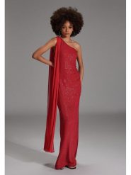 SWING Sukienka w kolorze czerwonym rozmiar: 44. Czerwone sukienki Swing, z aplikacjami, bez kołnierzyka, bez ramiączek, maxi. Za 279.78 zł.