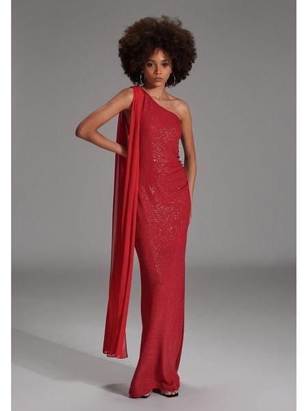 SWING Sukienka w kolorze czerwonym rozmiar: 44. Czerwone sukienki Swing, z aplikacjami, bez kołnierzyka, bez ramiączek, maxi. Za 279.78 zł.