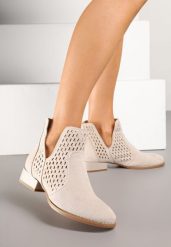 Beżowe Botki z Ażurowymi Wycięciami i Skórzaną Wkładką Efamalia. Brązowe botki Renee, w ażurowe wzory, bez obcasa, na płaskiej podeszwie, bez zapięcia. Za 199.99 zł.