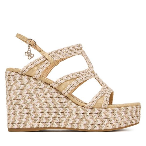 Sandały Guess. Brązowe sandały Guess, z aplikacjami, bez obcasa, na koturnie, bez zapięcia. Za 679.99 zł.