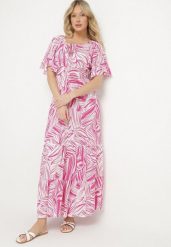 Różowa Bawełniana Sukienka Rozkloszowana w Liście Alaniva. Czerwone sukienki Born2be, na co dzień, na lato, l, bez wzorów, z bawełny, eleganckie, bez kołnierzyka, bez ramiączek, maxi, rozkloszowane. Za 49.99 zł.