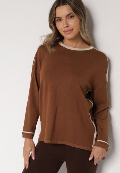 Brązowy Sweter z Bawełną i Metaliczną Nicią Tusima. Brązowe swetry Born2be, l, bez wzorów, z bawełny, bez ramiączek. Za 79.99 zł.