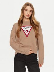 Guess Jeans Sweter W4BR12 Z3HM1 Brązowy Regular Fit. Brązowe swetry Guess Jeans, xl, z aplikacjami, z bawełny, bez ramiączek. Za 219.99 zł.