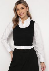 Czarny Komplet o Krótszym Kroju Koszula z Dzianinowym Topem Bilina. Czarne koszule Born2be, bez wzorów, z dzianiny, bez kołnierzyka, bez ramiączek. Za 149.99 zł.