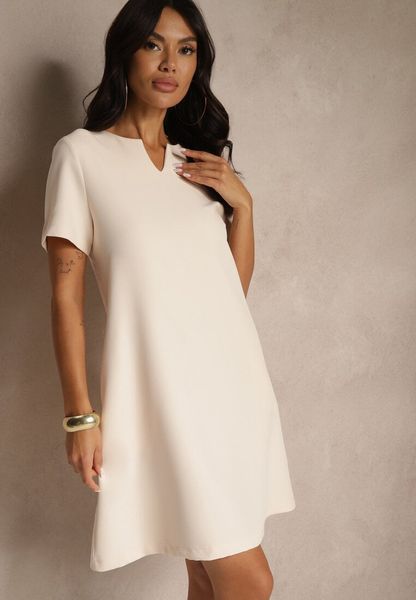 Jasnoróżowa Trapezowa Sukienka Mini z Krótkim Rękawem i Kieszeniami Vrea. Czerwone sukienki Renee, na spotkanie biznesowe, l, bez wzorów, eleganckie, bez kołnierzyka, bez ramiączek, mini, trapezowe. Za 99.99 zł.