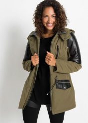 Kurtka parka z wstawkami ze sztucznej skóry. Zielone kurtki bonprix, bez wzorów, z materiału, z kapturem. Za 349.99 zł.